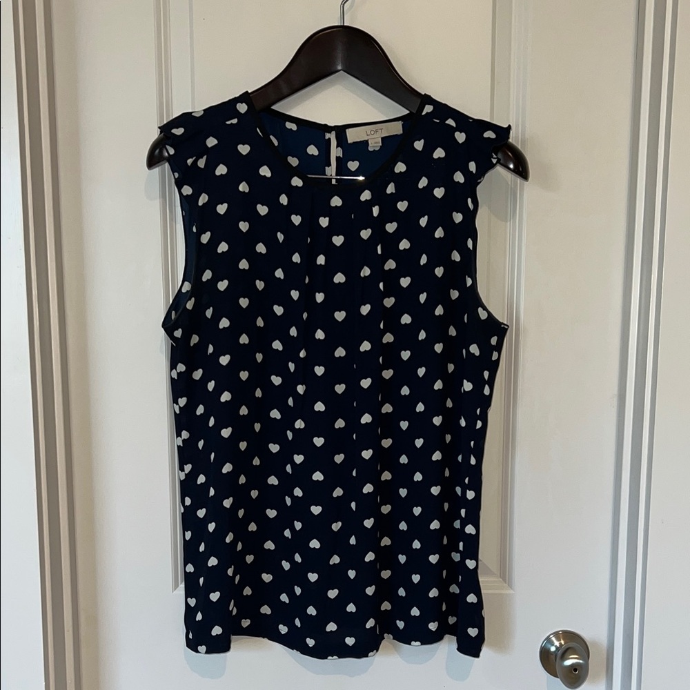 LOFT Navy and White Heart Pattern Blouse, size L